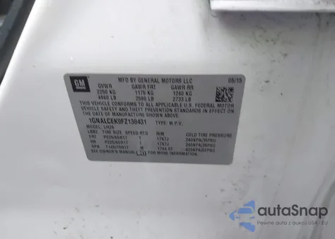 2015 Chevrolet Equinox 2Lt из США, поврежденный, VIN 1GNALCEK9FZ138431